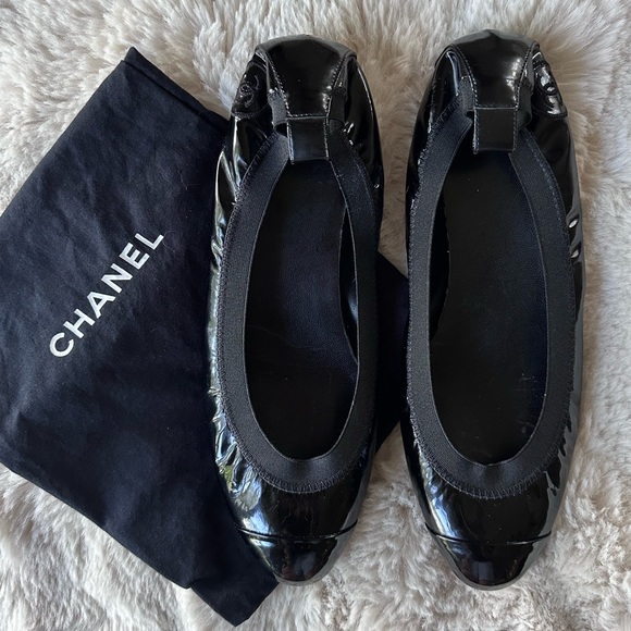 Chanel Black Patent Leather Cap Toe Stretch Spirit Ballet Flats 38.5 - Picture 1 of 11